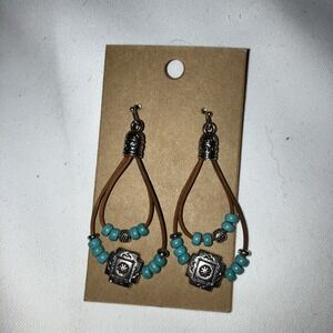 Boho Western Medallion Blue Brown Rhinestone Drop Long Leather Earrings New!